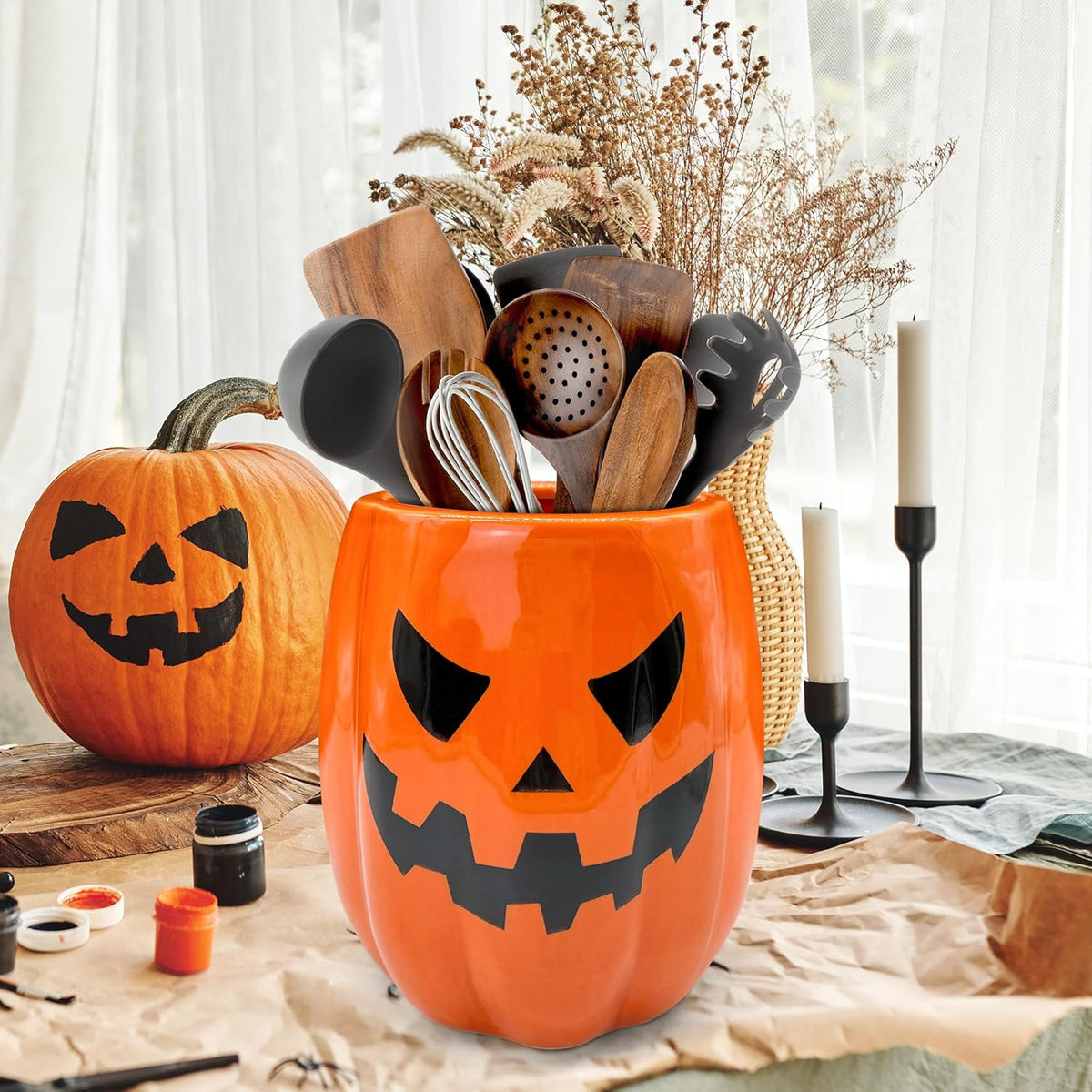 pinata Halloween Kitchen Decor Ceramic Pumpkin Utensil Holder, Cute Halloween Utensils Holder, Ceramic Utensils Crock for Rustic Farmhouse Indoor Kitchen Decorations(6.3 Inches)