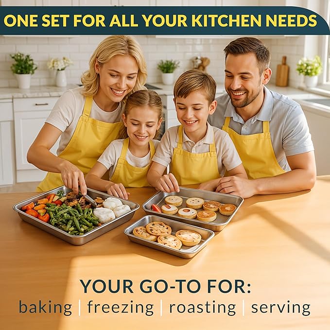 Baker’s Signature Stainless Steel Cookie Sheet Pan, Stainless Steel Baking Sheet Set of 3, Mirror Finish, Non-Stick, Rust Resistant, BPA Free, Dishwasher Safe, 9/12/16 Inch