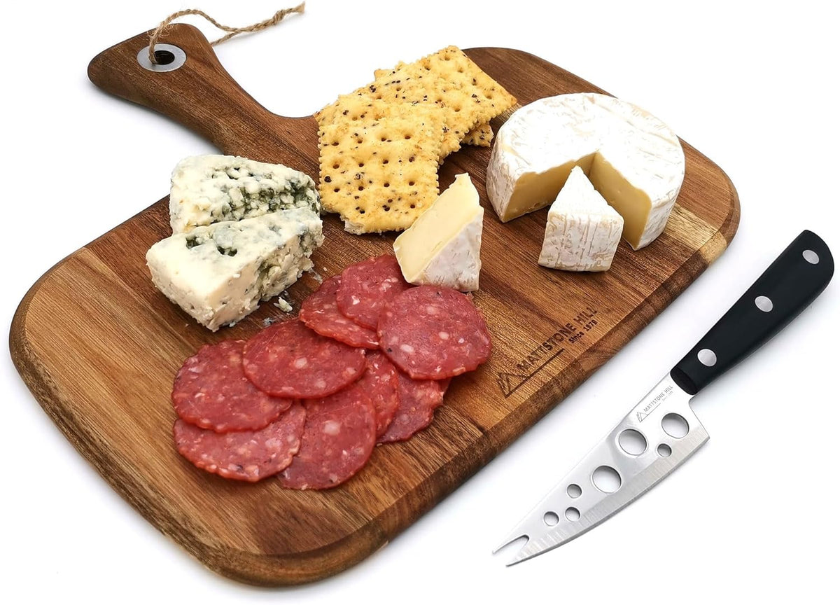 MATTSTONE HILL Acacia Cheese Knife & Board Set - Soft & Semi Hard Cheese Knife, Charcuterie Board, Wood Serving Platter