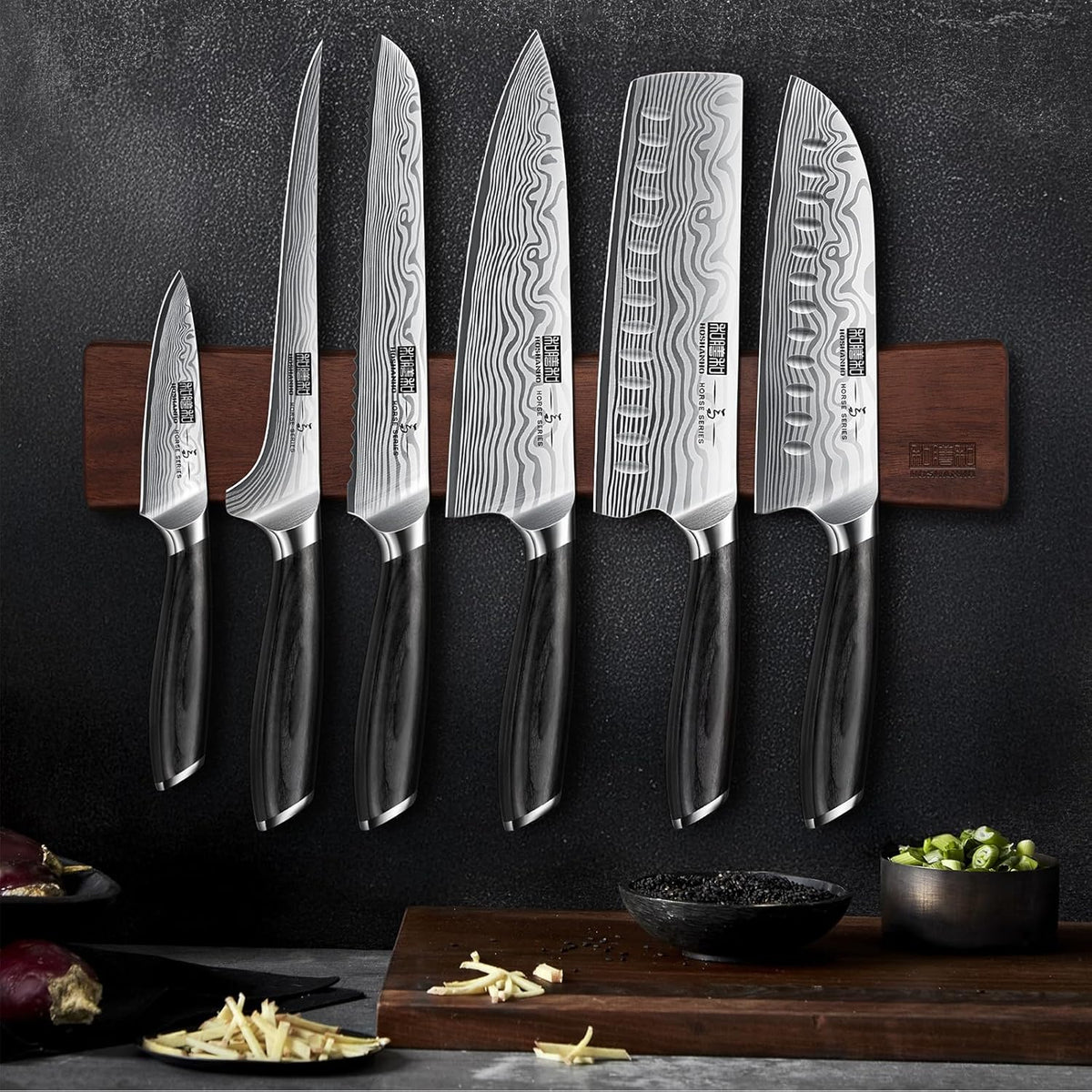 HOSHANHO 7 Pieces Knife Set with Magnetic Knife Holder, Ultra Sharp Powder Steel Kitchen Knives Set, Professional Chef Knife Sets with Ergonomic Pakkawood Handle