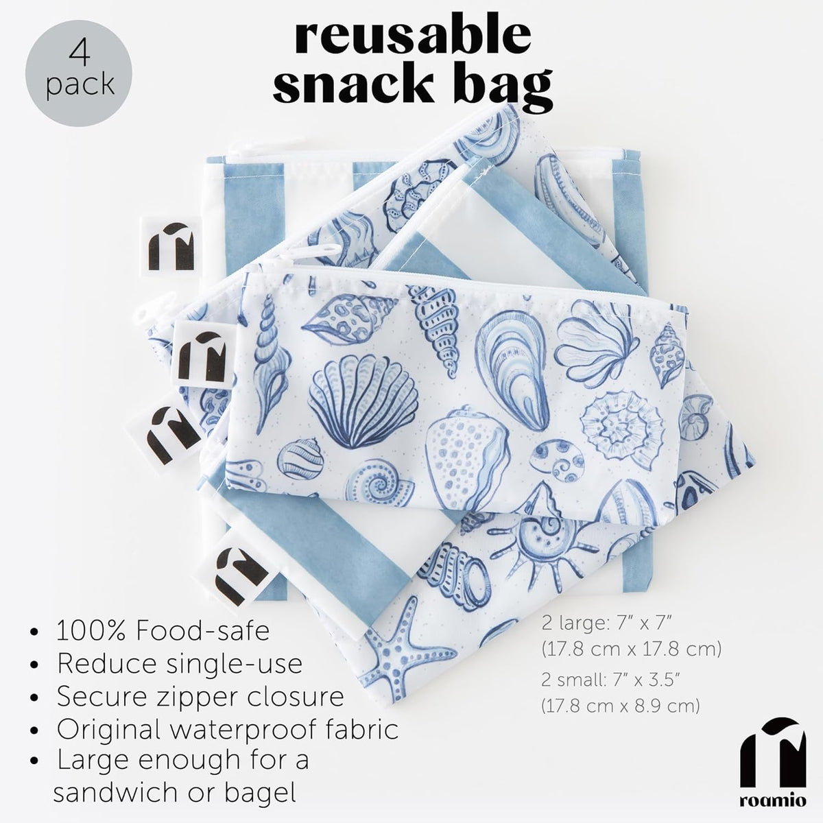 Roamio Reusable Sandwich and Snack Bags, for Kids School Lunch and for Adults Portion, Washable Fabric, Waterproof Cloth Zip Bag, Travel Pouch, Food-Safe, 4-pack Set Nautical Stripe and Blue Shells