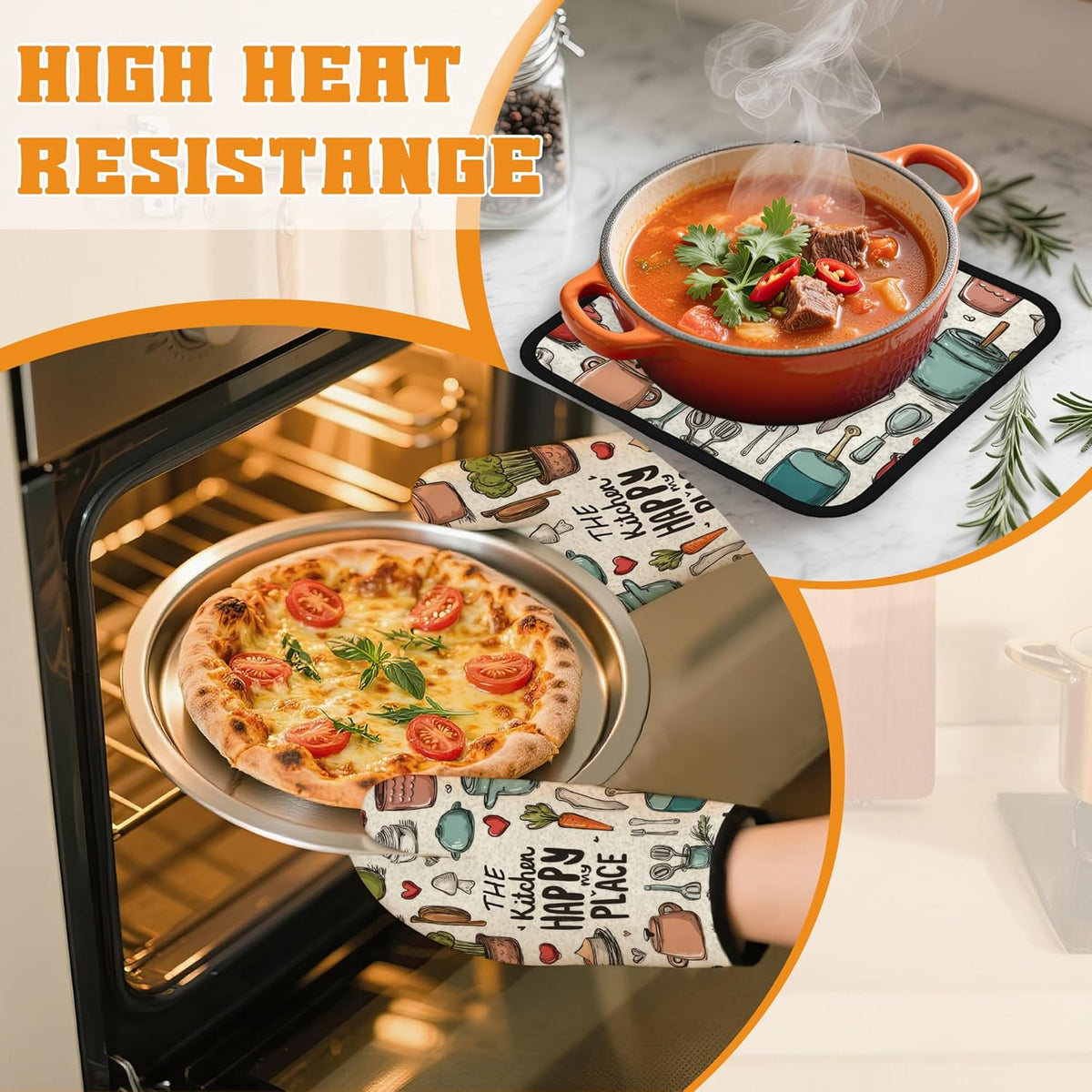 Oven Mitts and Pot Holders,The Kitchen is My Happy Place Heat Resistant Oven Mitts Gloves and Pot Holder for Home Kitchen Decorations Cooking Baking BBQ Gifts,Set of 4