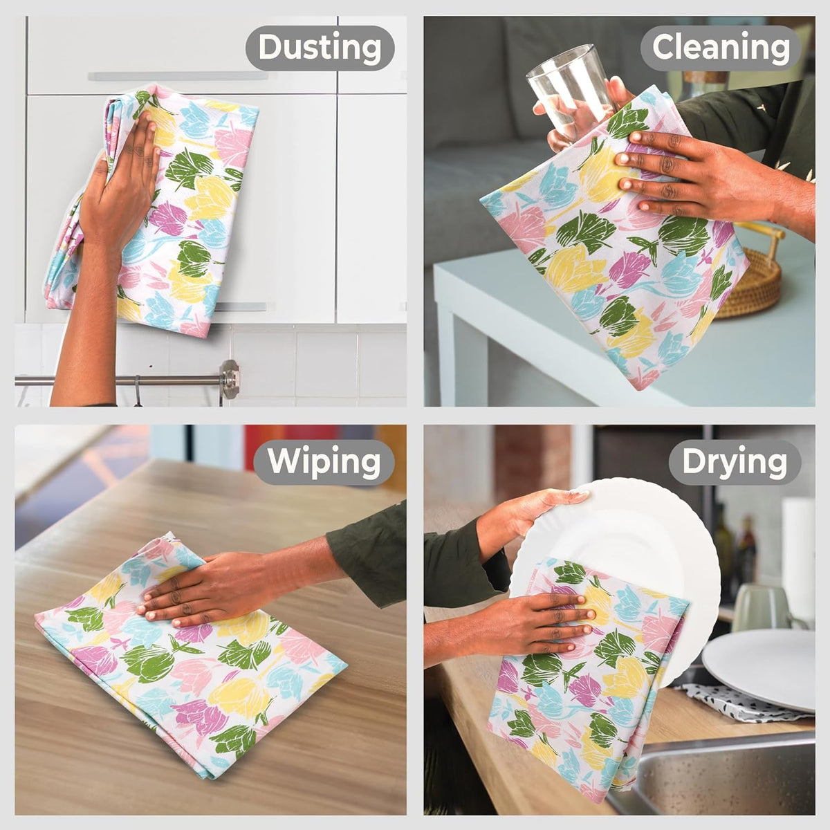 Urban Villa Collection Kitchen Towels Tulip Flowers Multi Color Premium Quality,100% Cotton Dish Towels, Mitered Corners,(Size: 20X30 Inch), Highly Absorbent Bar &Tea Towels - (Set of 6)