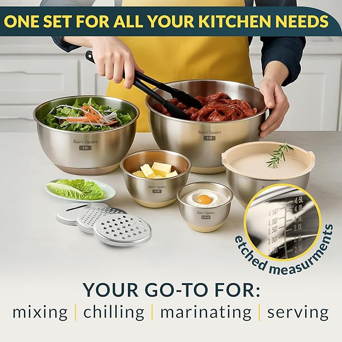 Baker's Signature Stainless Steel Mixing Bowls with Lids Set, 5 Sizes, 3 Graters, Non-Slip Base, Airtight Lids, Metal Mixing Bowls for Kitchen, Food Prep, Storage, 0.63QT-5QT, Khaki