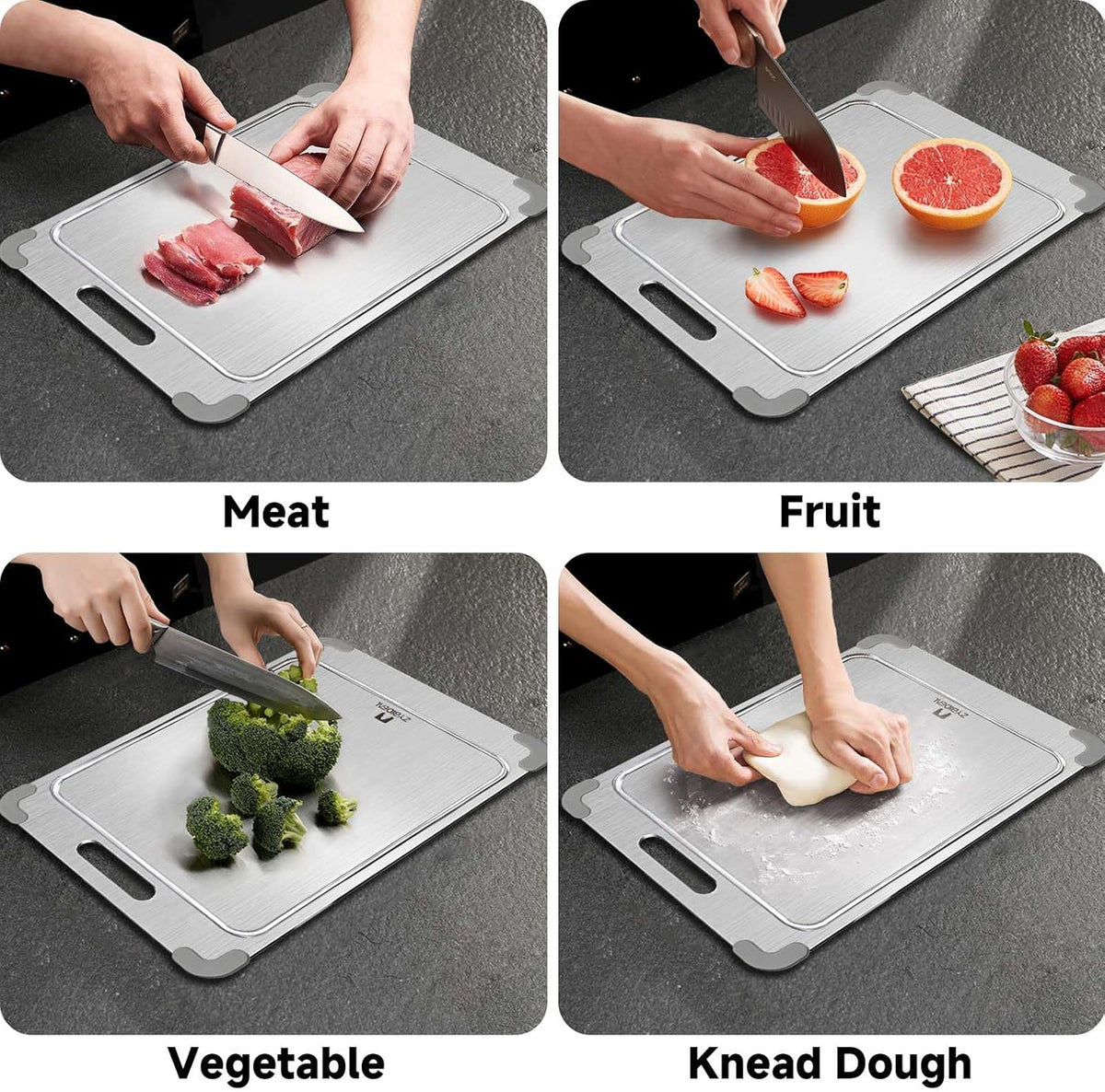 100% Pure Titanium Cutting Board with Grooves, Update Double Side Titanium Chopping Board, Silicone Anti-slip Stainless Cutting Boards for Kitchen 9 * 13 IN, Grey