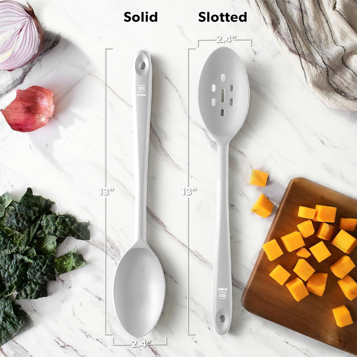 DI ORO Silicone Spoons for Cooking - Large Kitchen Utensils for Mixing, Serving, & Stirring - 600F Heat-Resistant Non Stick - Big Solid & Slotted Basting Spoons - Dishwasher Safe (2pc, Stone)