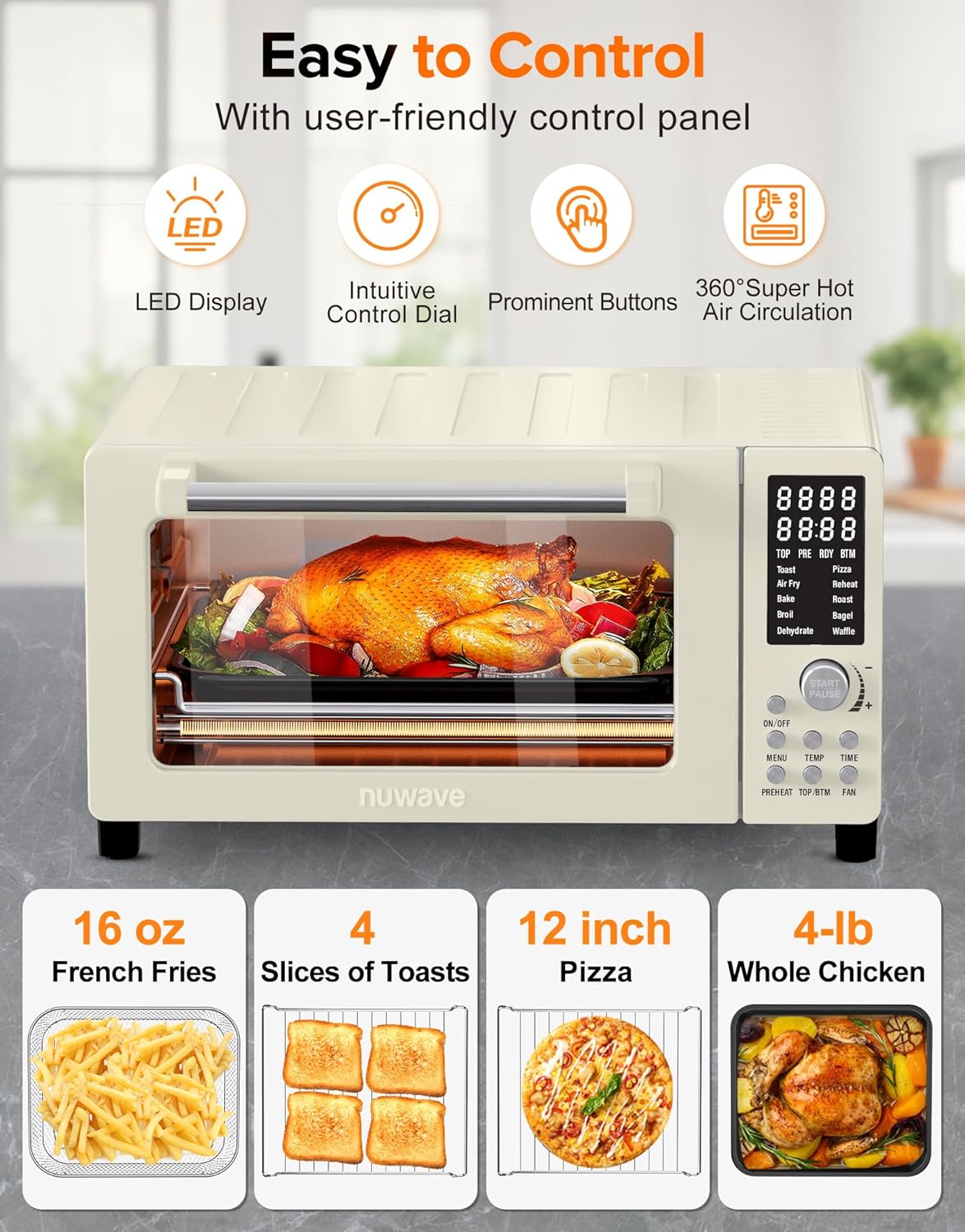 Nuwave Bravo Pro Smart Air Fryer Toaster Oven Combo, Airfryer Convection Oven Countertop, 10-in-1 Functions with Quicker & Even Crisp Technology, 1800W, 50-450°F, PFAS-Free, 21QT, Vanilla Cream