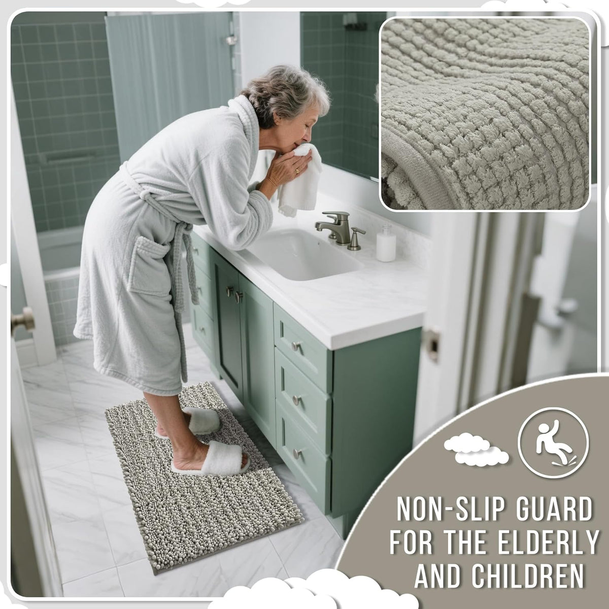 Yimobra Long Bathroom Rugs Non Slip Washable 44x24 Inch - Ultra Soft Absorbent Chenille Bath Mat, Quick Dry Shaggy Floor Carpet for Tub Shower, Sand Home Decor Accessories