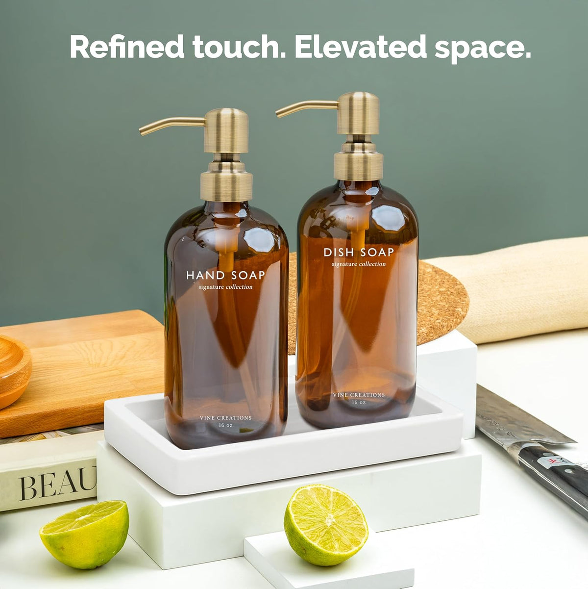 Vine Creations Amber Glass Soap Dispenser Set, Kitchen Soap Dispenser Set with Ceramic Tray, 16 oz Dish Soap and Hand Soap Dispensers with Stainless Steel Pump Decor (Amber Bottle/Brushed Brass)