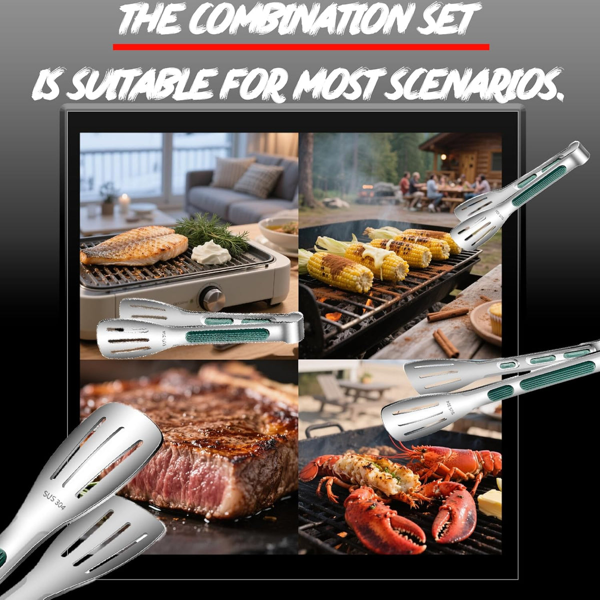 Stainless Steel Kitchen Tong Set - Anti-Slip Heat-Resistant Grip, Widened 3-Line Slotted Heads for Easy Clamping (Steaks, BBQ, Pasta, Salads), Easy Clean 3-Piece Set (6/9/11 Inches) for Versatile Use
