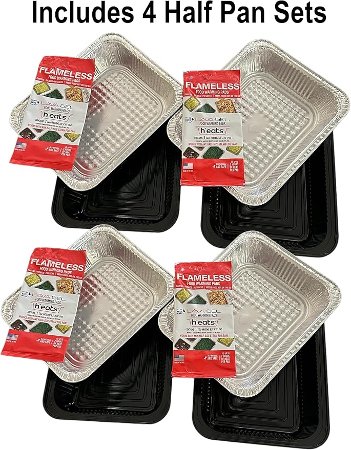 Self-Heating Buffet Kit – Flameless Food Warmer Set for Parties – Includes 4 Trays, 4 Half-Size Heat Pads & Foil Pans – Keeps Hot Food Hot for up to 3 Hours – Gel Fuel Can Alternative
