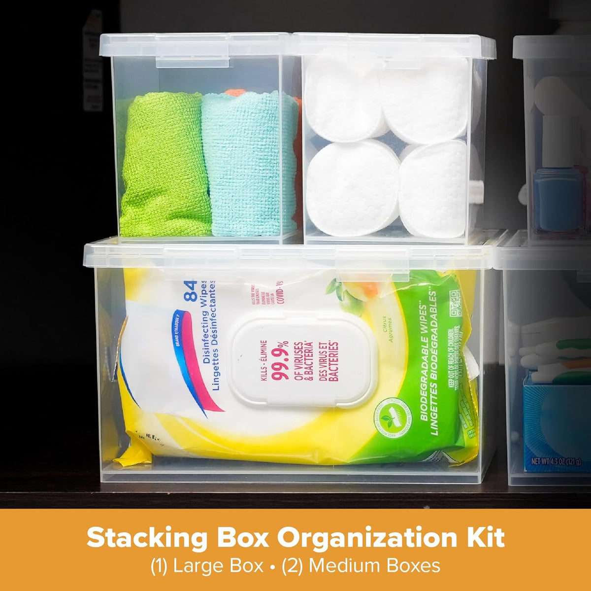 Bostitch Konnect Storage Containers with Lids, Organizer, Clear Plastic Box, Stackable Nesting Bins, 3-Piece Bundle, 1 Large, 2 Medium