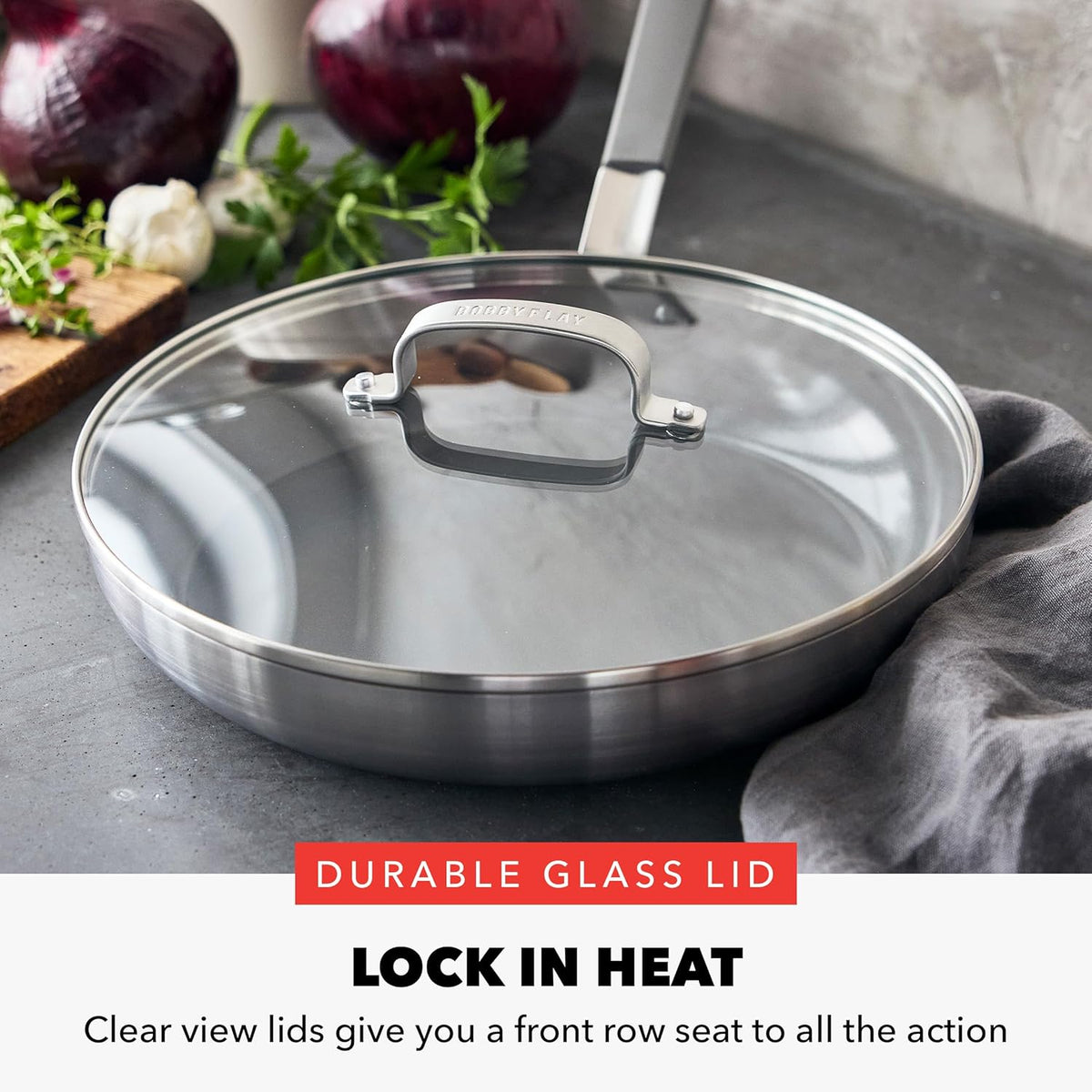 GreenPan x Bobby Flay Stainless Steel 12” Frying Pan Skillet & Glass Lid, Professional Grade Tri-Ply, Multiclad, PFAS-Free Ceramic Nonstick, Induction Suitable, Dishwasher & Oven Safe,Stay Cool Handle