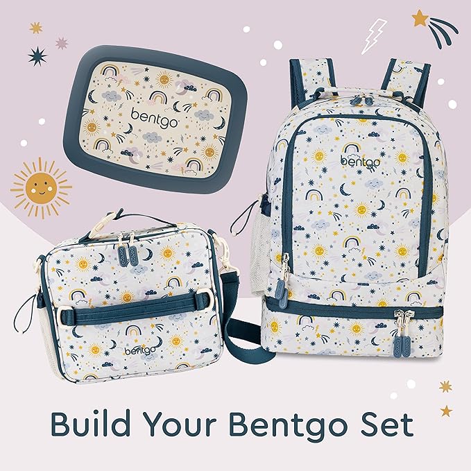 Bentgo Kids 2-in-1 Backpack & Insulated Lunch Bag - Durable 16” Backpack & Lunch Container in Unique Prints for School & Travel - Water Resistant, Padded & Large Compartments (Friendly Skies)