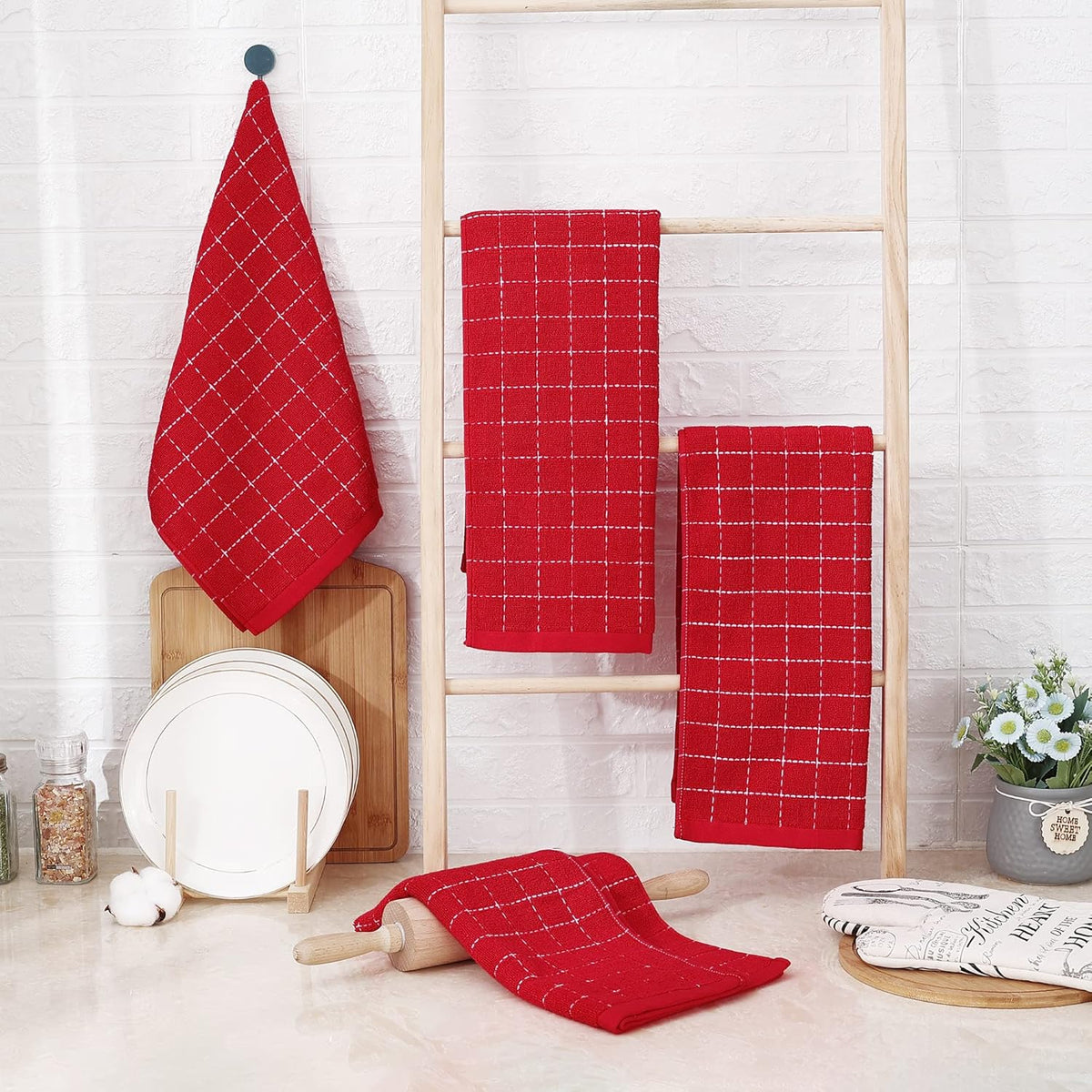 Homaxy 100% Cotton Terry Kitchen Towels(Red, 13 x 28 inches), Checkered Designed, Soft and Super Absorbent Dish Towels, 4 Pack