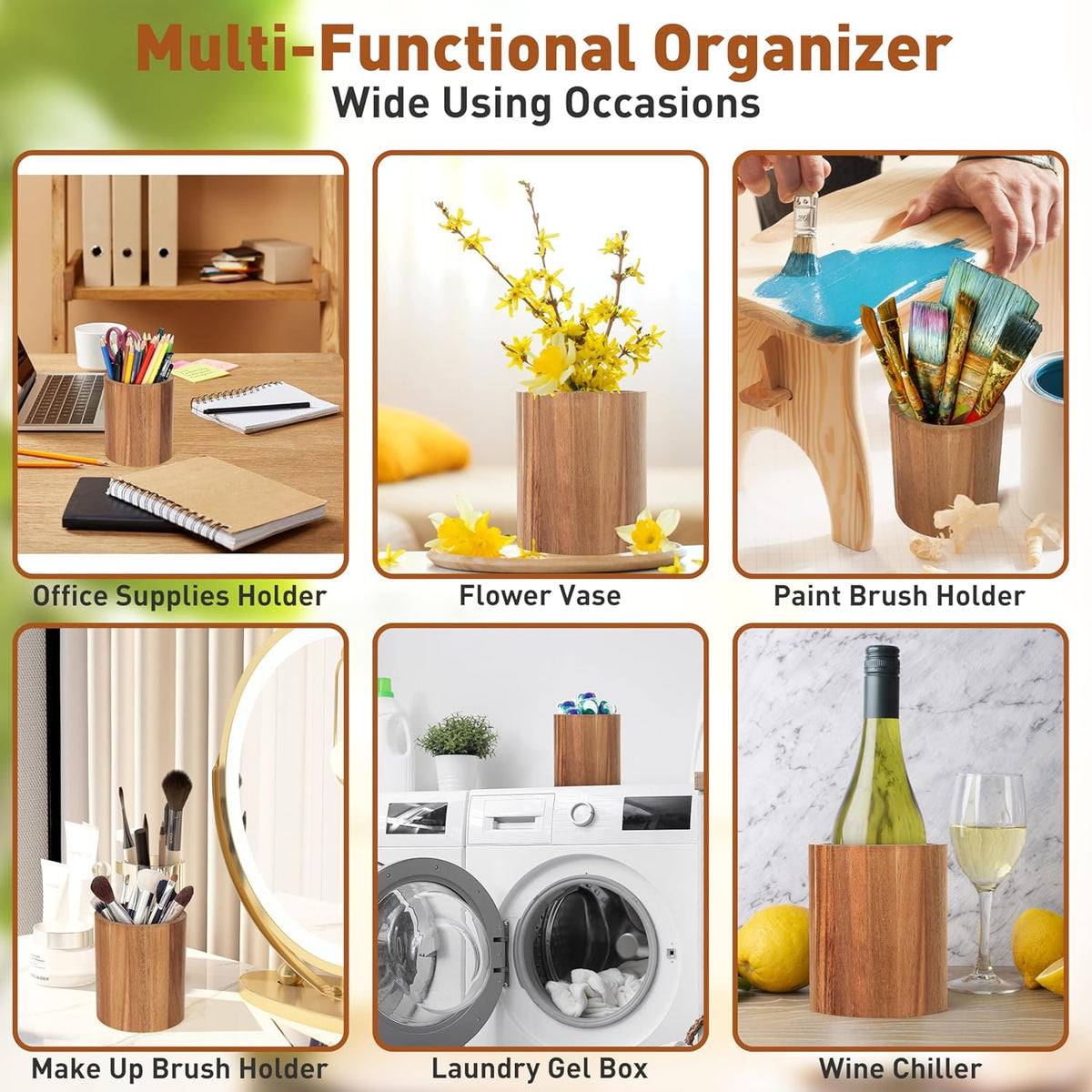 Utensil Holder for Kitchen Countertop: 360° Rotating Wooden Utensil Crocks - Farmhouse Cooking Spoons Organizer