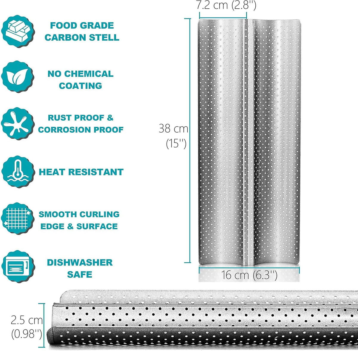 Anaeat Nonstick Perforated French Bread Baking Pan, 15"X 6.3" Premium Toast Mold, Silver
