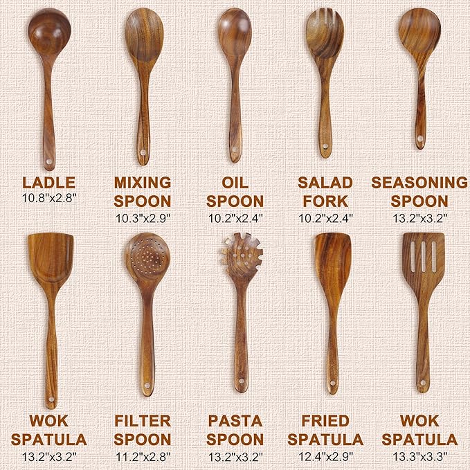 FJNATINH 10 PCS Wooden Spoons for Cooking - Teak Wooden Kitchen Utensil Set - Cooking Mixing Baking - Non-stick Healthy Kitchen Cookware Gifts for Women Housewarming Gifts
