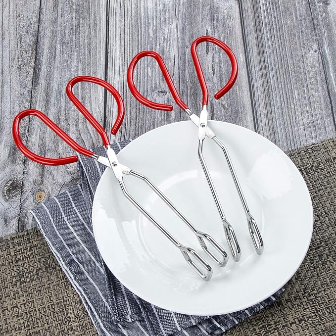 MSY BIGSUNNY 10 Inch Stainless Steel Scissor Tongs, Heavy Duty Cooking Tongs with Soft Handles, Multi-function Serving Tongs for Barbecue, Salad, Buffet, Fry (Set of 2, Red)