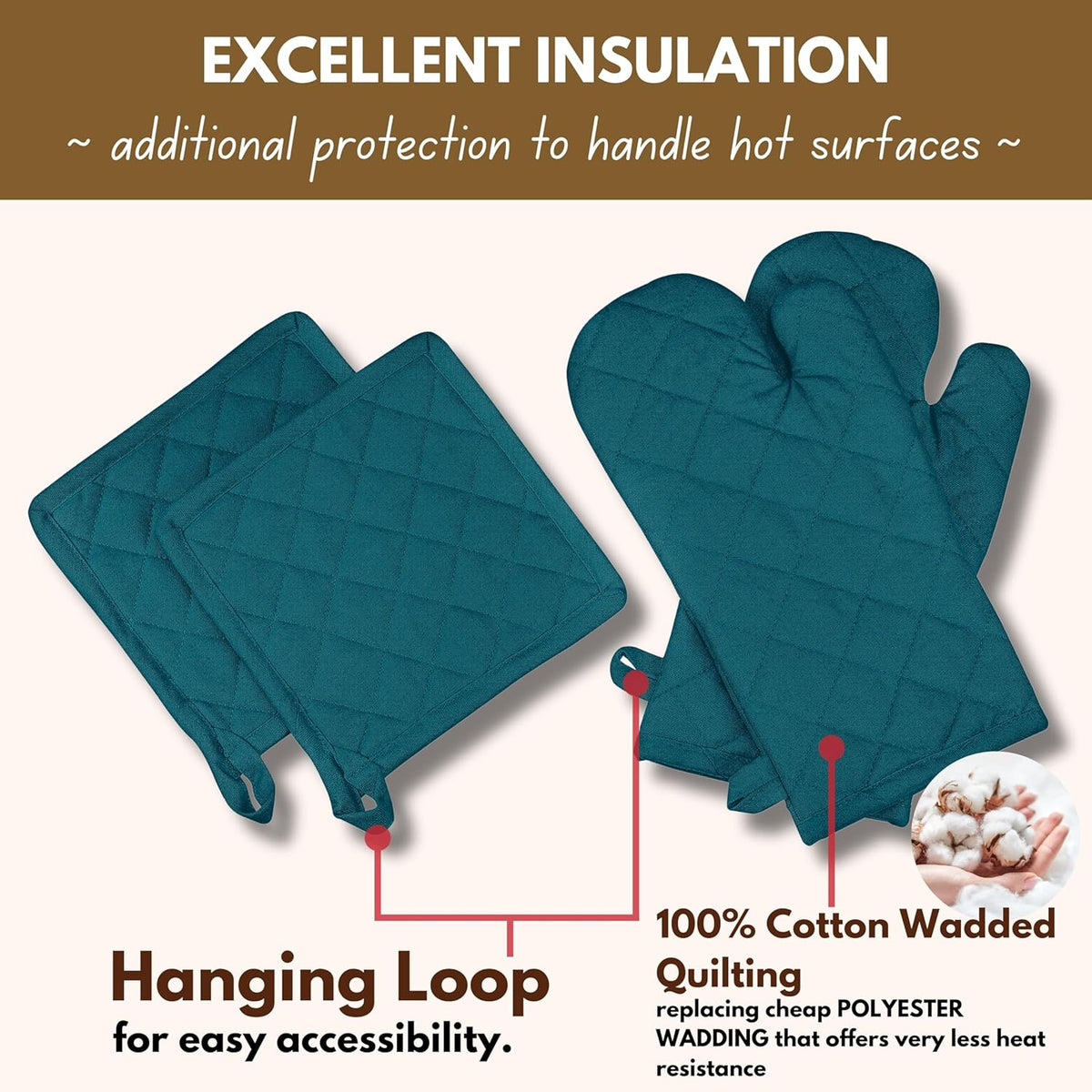Native Fab Pot Holders and Oven Mitts Sets for Kitchen Heat Resistant - Hanging Non-Slip - 100% Cotton Kitchen Oven Mitts and Pot Holders 4 Piece Set - Teal