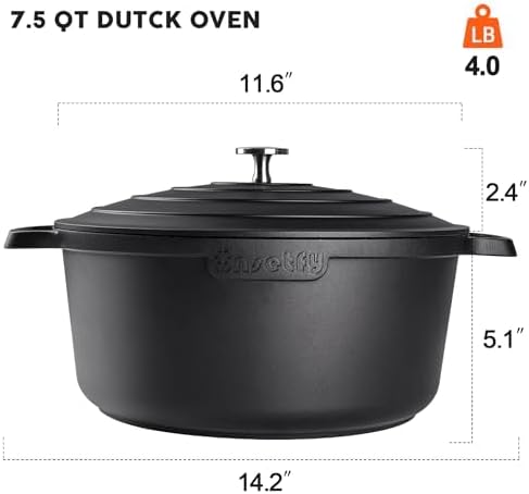 Large Dutch Oven Pot with Lid-7.5QT Cast Aluminum Oven Pot with Two Handles Lightweight for Bread Baking Braising and Roasting(Black)