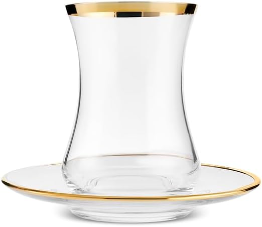 KARACA Sydney Glass Turkish Tea Set for 6 People, Gold, 12 Pieces Tea Service, 6 Turkish Tea Glasses with Saucers, Glass, 5.4 fl oz Tea Plates/Saucers