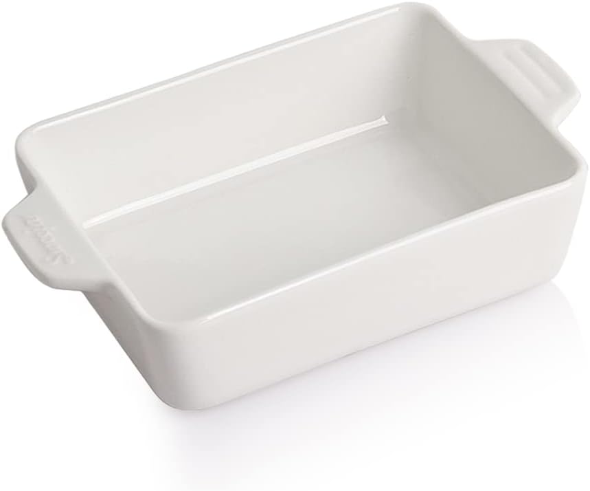 Sweejar Ceramic Baking Dish, Rectangular Small Baking Pan with Double Handles, 20 Oz for Cooking, Brownie, Kitchen, 6.5 x 4.9 x 1.8 Inches(White)