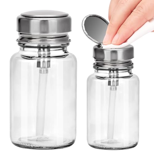 100ML Pump Dispenser Bottle, Cylindrical Metal Flip Cover Clear Glass Bottle for Nail Polish Remover, Makeup Remover, Alcohol