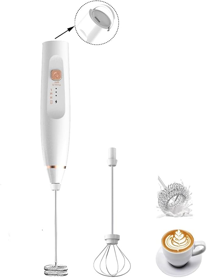 Milk Frother Handheld Foam Maker with 2 Stainless Stirring Head 3 Speed Rechargeable Electric Blender Milk Frother Wand Drink Mixer for Cappuccino Matcha Latte Hot Chocolate Protein Powder Egg (White)