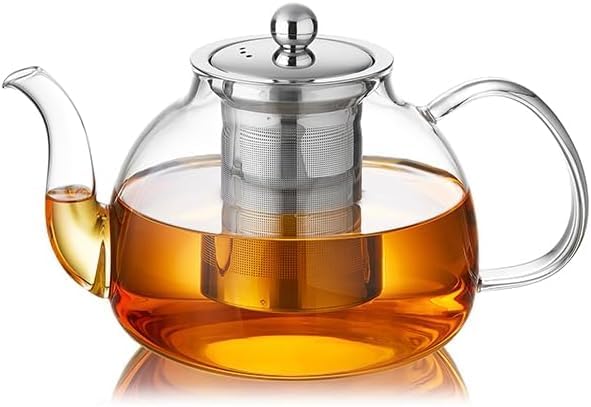 40OZ (1200ML) Glass Teapot with Infuser Stovetop Safe, Clear Glass Tea Pot Kettle, Borosilicate Tea Pot with Infusers Filter for Loose Tea, Tea Kettle Dishwasher Safe
