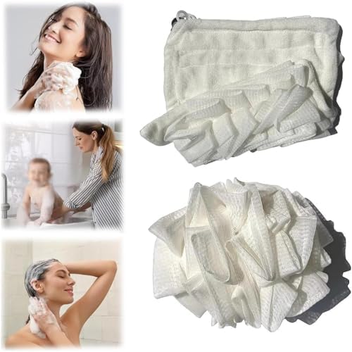 2 in 1 Loofah, 2 in 1 Loofah Sponge Washcloth, Washcloth Loofahs Combo with Drawstring and Hook, Exfoliation Mesh Shower Puff Ball for Body Wash Cleansing and Smooth Skin (3Pcs-A)