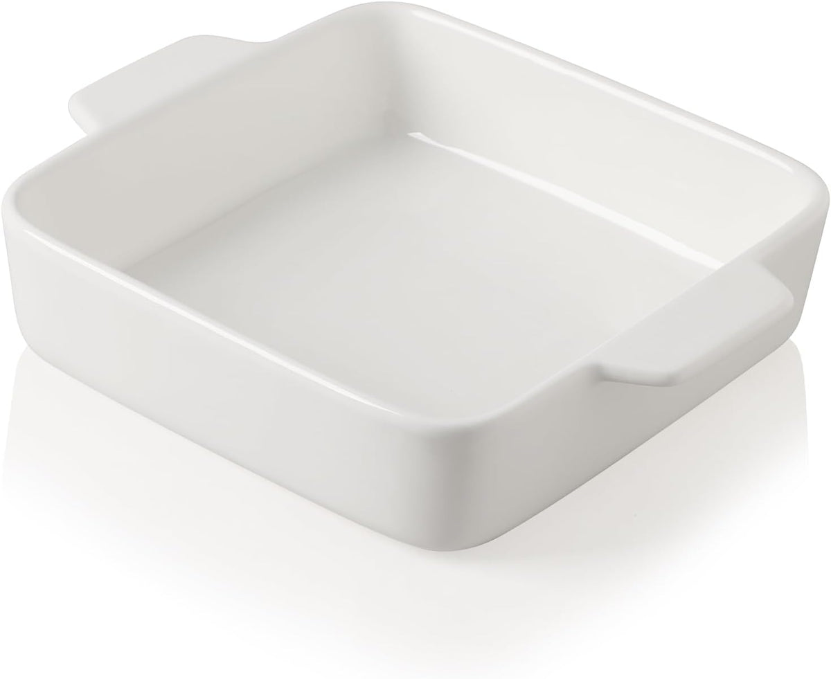 Sweejar Ceramic Baking Dish, 8 x 8 Cake Baking Pan for Brownie, Porcelain Square Bakeware with Double Handle for Casserole, Lasagna, Family Dinner (White)