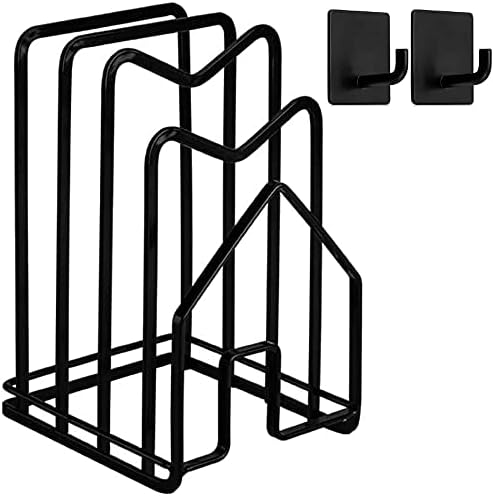 SUNFCON Cutting Board Holder Rack Pot Pan Lids Holder 2 Adhesive 304 Stainless Steel Hanging Hooks Chopping Board Organizer Thin Bakeware Tray Dry Display Stand Kitchen Countertop Cabinet Dark Black
