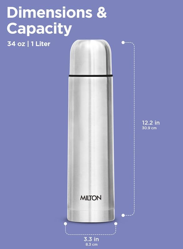 Milton Vacuum Flask for Hot Drink 1 litre (34 oz), Stainless Steel Double Walled Insulated Water Bottle for 24 Hour Hot and Cold drinks with cover, Leak proof, Thermosteel Flip Lid 1000 ml Set of -2