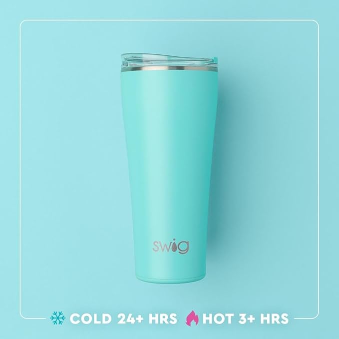 Swig Life 32oz Insulated Tumbler, Travel Coffee Tumbler with Lid, Cup Holder Friendly Travel Coffee Mug, Stainless Steel, 32 oz, Reusable Insulated Mug with Lid (Melon Slice)