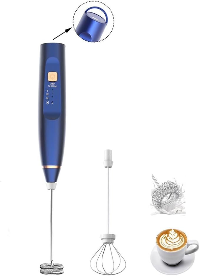 Milk Frother Handheld Foam Maker with 2 Stainless Stirring Head 3 Speed Rechargeable Electric Blender Milk Frother Wand Drink Mixer for Cappuccino Matcha Latte Hot Chocolate Protein Powder Egg (Blue)