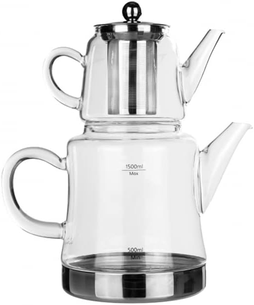 Karaca Dora Teapot Set, Glass, Tea Pot 0.45 L, Kettle 1.8 L, Silver, Transparent, Tea Maker, Turkish Tea Kettle, Tea Maker