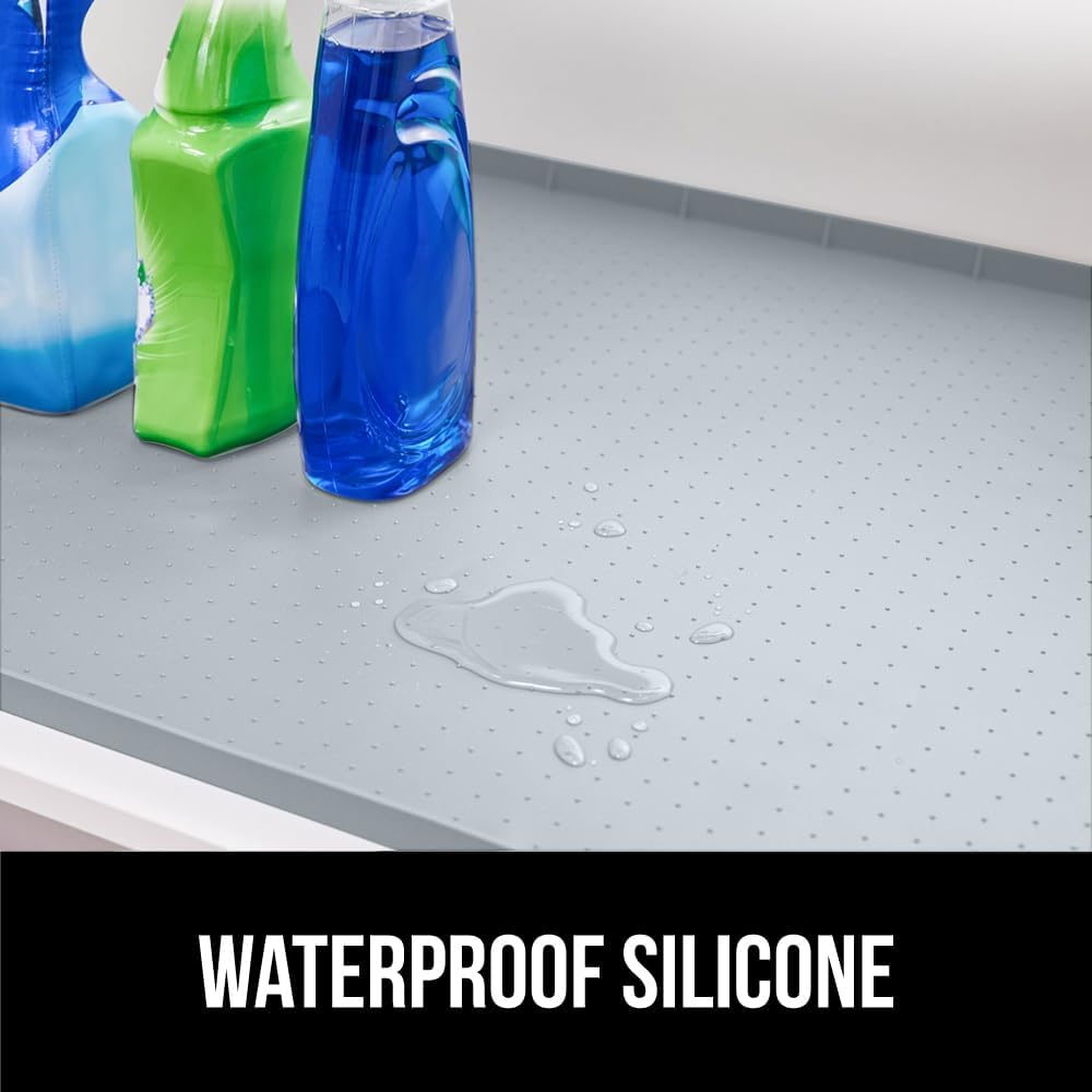GORILLA GRIP Waterproof Silicone Under Sink Mat with Raised Lip for Kitchen and Bathroom, 34 x 22 in, Cabinet Shelf Liner Stay in Place Mats Dishwasher Safe Drawer Liner, Organizer Tray, Light Grey