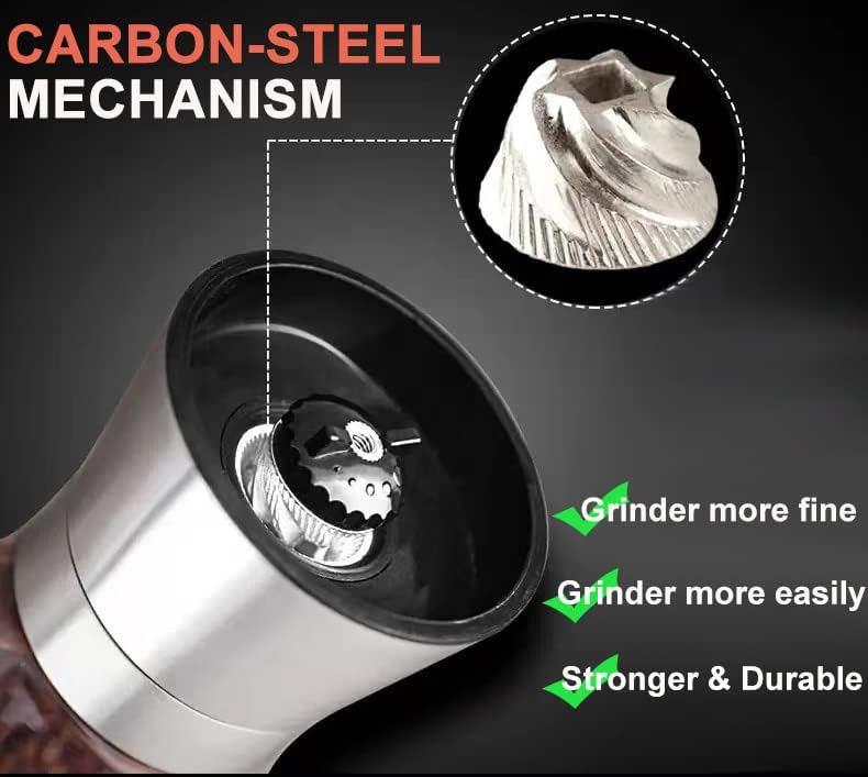 Professional Pepper Grinder - with Germany Hardened Carbon Steel Mechanism Rotor, Refillable Pepper Mill 6OZ Glass Adjust Coarseness (1PCS-Sliver-304）