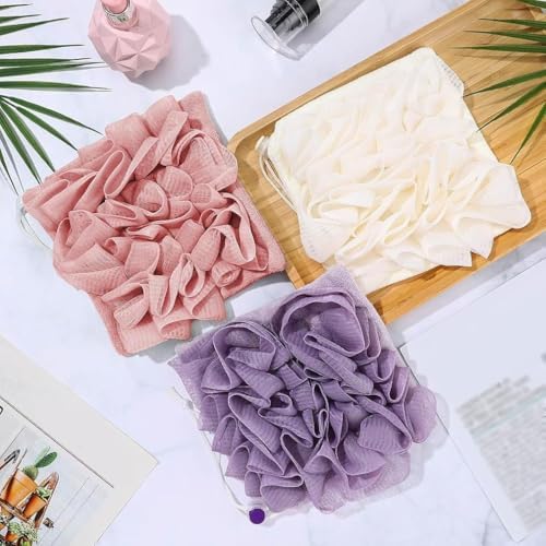 2 in 1 Loofah, 2 in 1 Loofah Sponge Washcloth, Washcloth Loofahs Combo with Drawstring and Hook, Exfoliation Mesh Shower Puff Ball for Body Wash Cleansing and Smooth Skin (3Pcs-A)