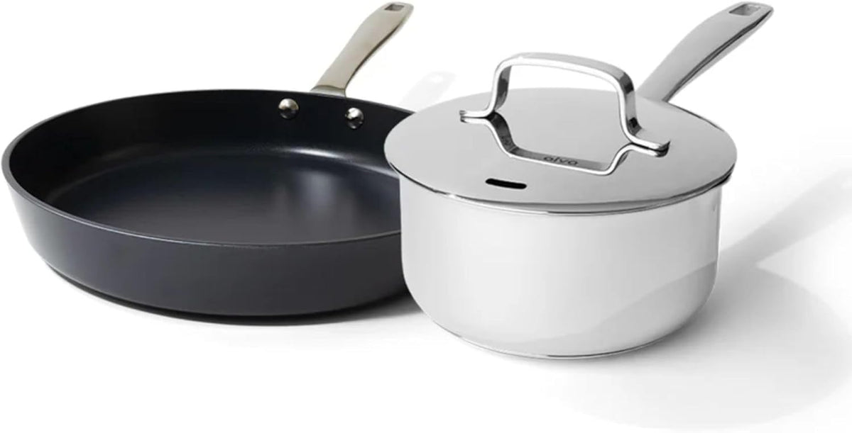 Alva Maestro Mini Cookware Duo – 8" Ceramic Nonstick Fry Pan & 1.7Qt Stainless Saucepan with Lid – PFAS/PFOA/PTFE-Free, Oven & Induction Safe, Easy-Clean, Durable Small-Space Cookware Set