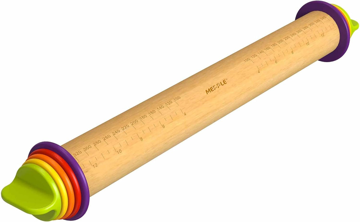 Rolling Pin with Thickness Rings for Baking,Fondant, Pizza, Pie Crust, Cookie, Pastry, Roller Rod for Dough Thickness, 13.6" Adjustable Wooden Rolling Pin with 4 Thickness Rings