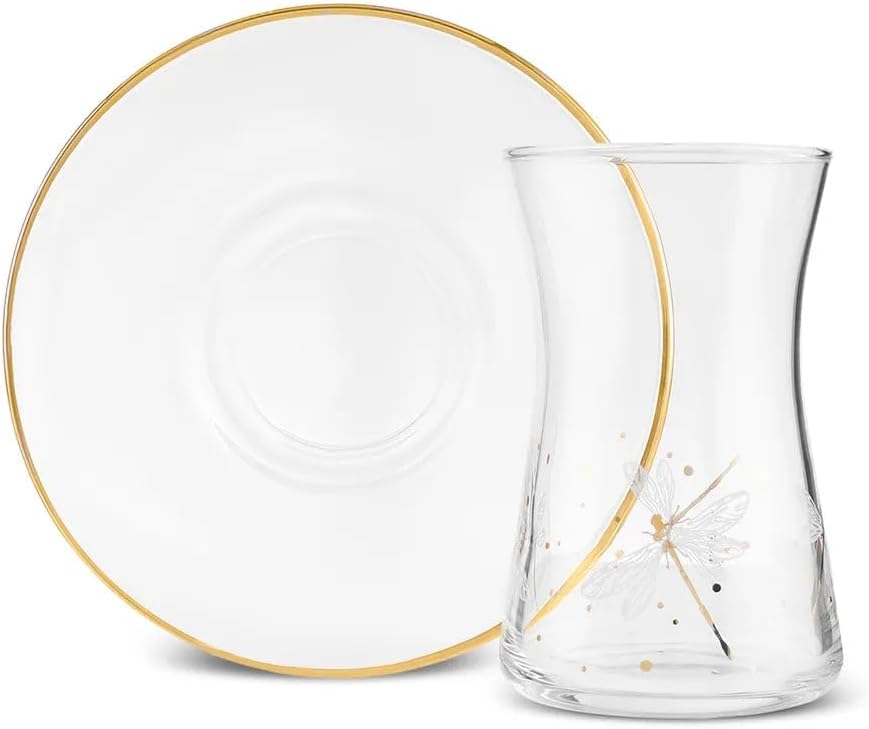 KARACA Yusufcuk Glass Elegant Tea Glass Set of 6 - (12 Piece) Clear Turkish Tea Cup Glasses and Saucers, 5.74 oz Curved Design Drinkware Cups