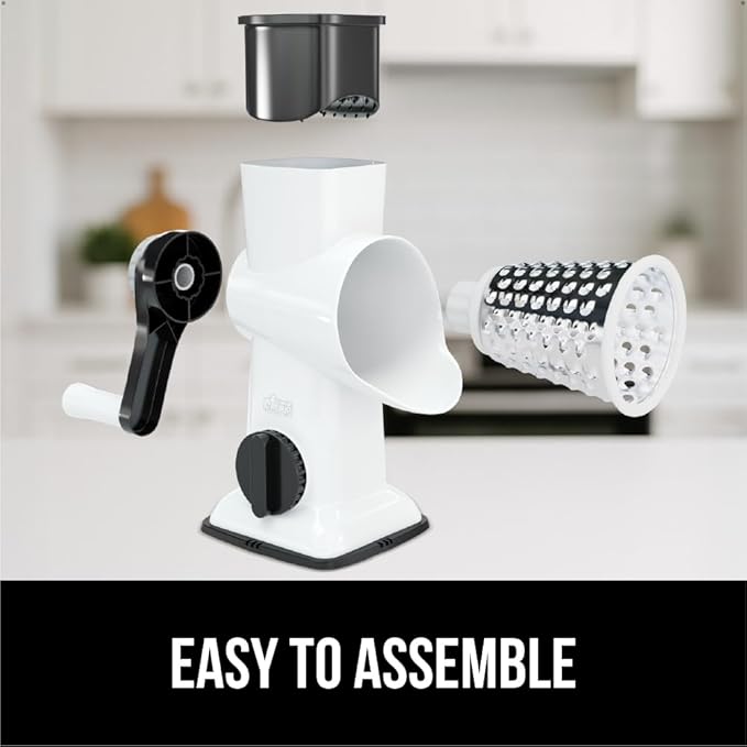 GORILLA GRIP BPA-Free Rotary Cheese Grater Hand Crank, Easy to Set Up, Strong Suction Base for Kitchen Countertop, Shred Potato, Vegetable, Nuts in Seconds, Round Mandoline Slicer, 3 Blades, White