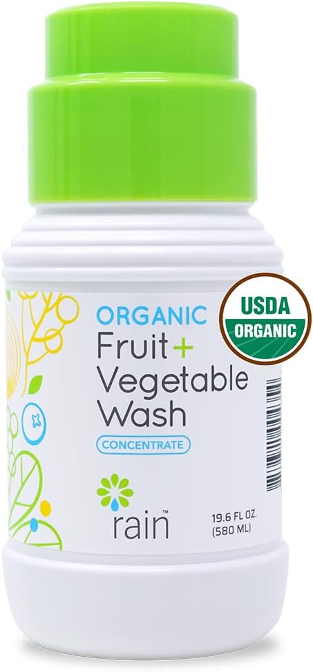 Rain Organic Fruit and Vegetable Wash All Natural Veggie Produce Cleaner for Safe Clean Eating, Baby Essential Eco Friendly Concentrated Strength for Gallons of Soak or Spray