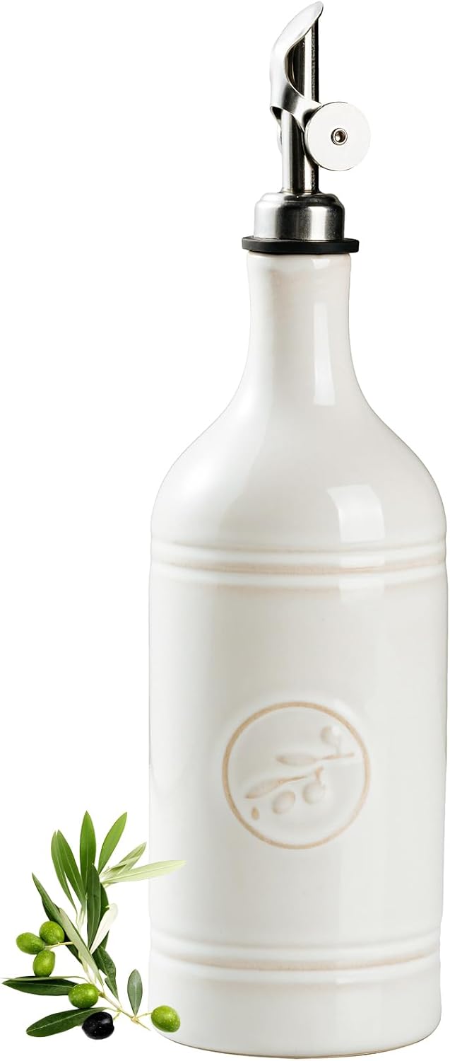 Olive Oil Dispenser Bottle with Spout, 18 oz Ceramic Oil Dispensers for Kitchen, Opaque Cruet, EVOO & Vinegar Bottle with Automatic Stainless Steel Pourer, Pack of 1