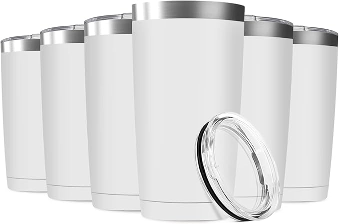 6 Pack 20oz Tumbler Vacuum Insulated Travel Mug with Lids, Stainless Steel Double Wall Bulk Cup for Home, Office, Outdoor Suitable for Vehicle Cup Holders(White)