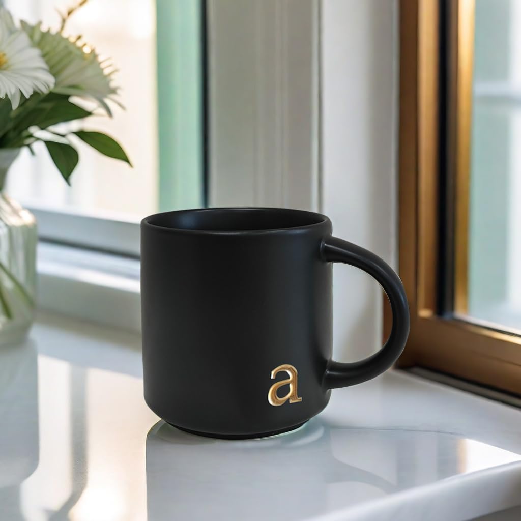 COLLECTIVE HOME - Black Monogram Ceramic Mugs, 15 oz Golden Initial Coffee Cups, Elegant Alphabet Tea Mugs, Personalized Halloween Mug with Gift Box, Perfect for Office and Home Décor (a)