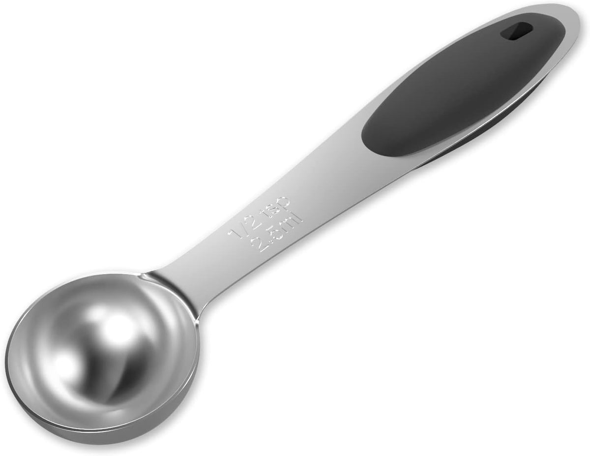 1PCS 1/2 Tsp(1/6tbsp, 2.5ml) Single Measuring Spoon with Black Silicone Grip, Stainless Steel Individual Measure Scoop Only