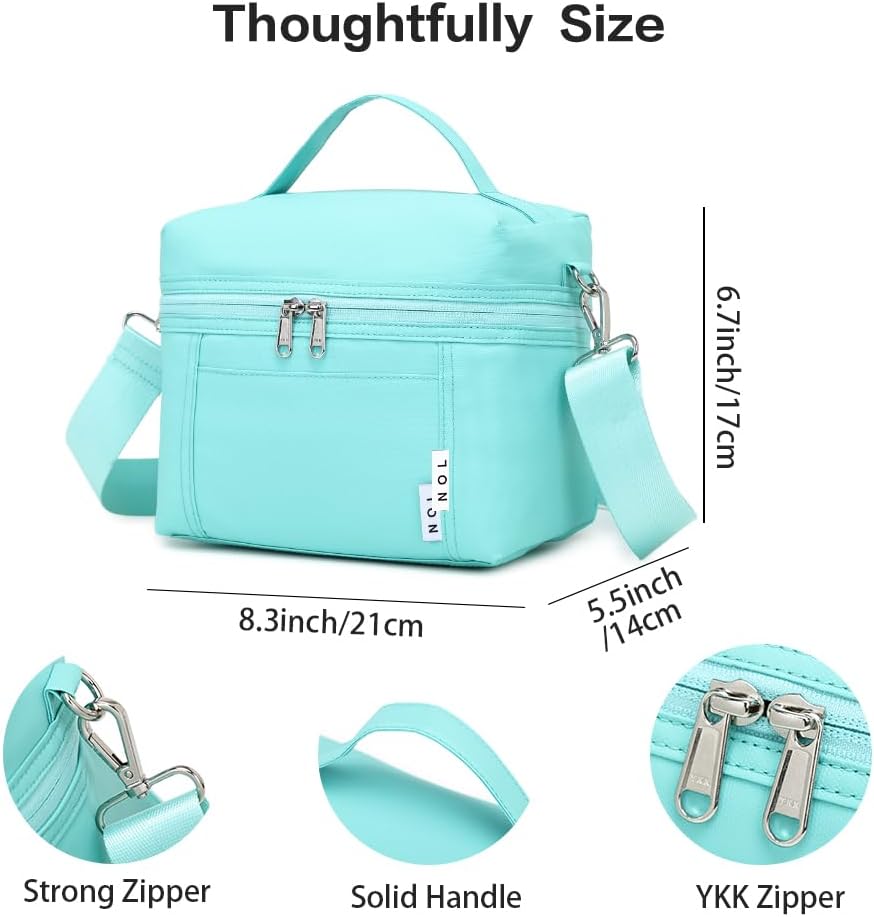 NOL Natural Organic Lifestyle Insulated Lunch Bags for Women Cooler Bag Lightweight Nylon Waterproof Lunch Box For Work（Small, Cyan